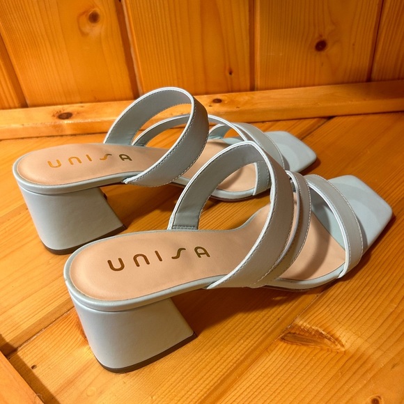 Unisa Miriam Square Toe Slide Sandal Block Heels Light Blue NWOT - Picture 2 of 5